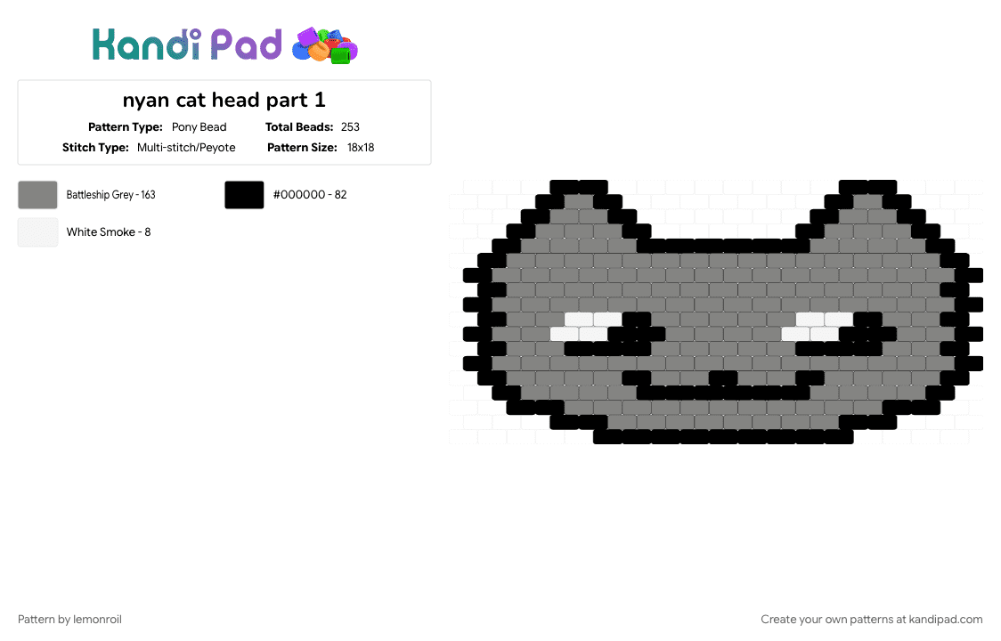 nyan cat head part 1 - Pony Bead Pattern by lemonroil on Kandi Pad - cat, gray, kitty, nyan cat