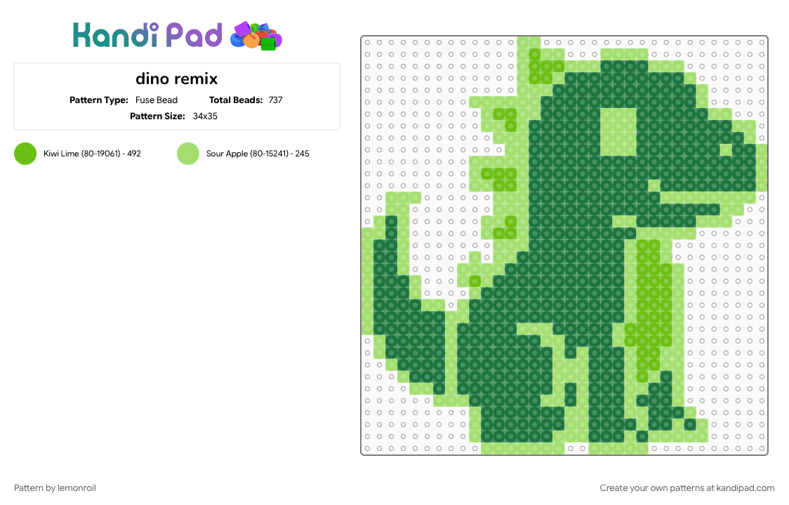 dino remix - Fuse Bead Pattern by lemonroil on Kandi Pad - animal, dino, dinosaur, green, outlined