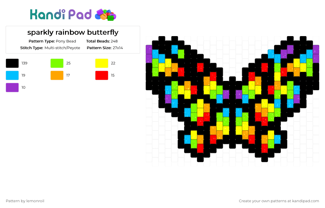 sparkly rainbow butterfly - Pony Bead Pattern by lemonroil on Kandi Pad - black,yellow,green,colorful,thermal,xray,butterfly,charm,rainbow,sparkly