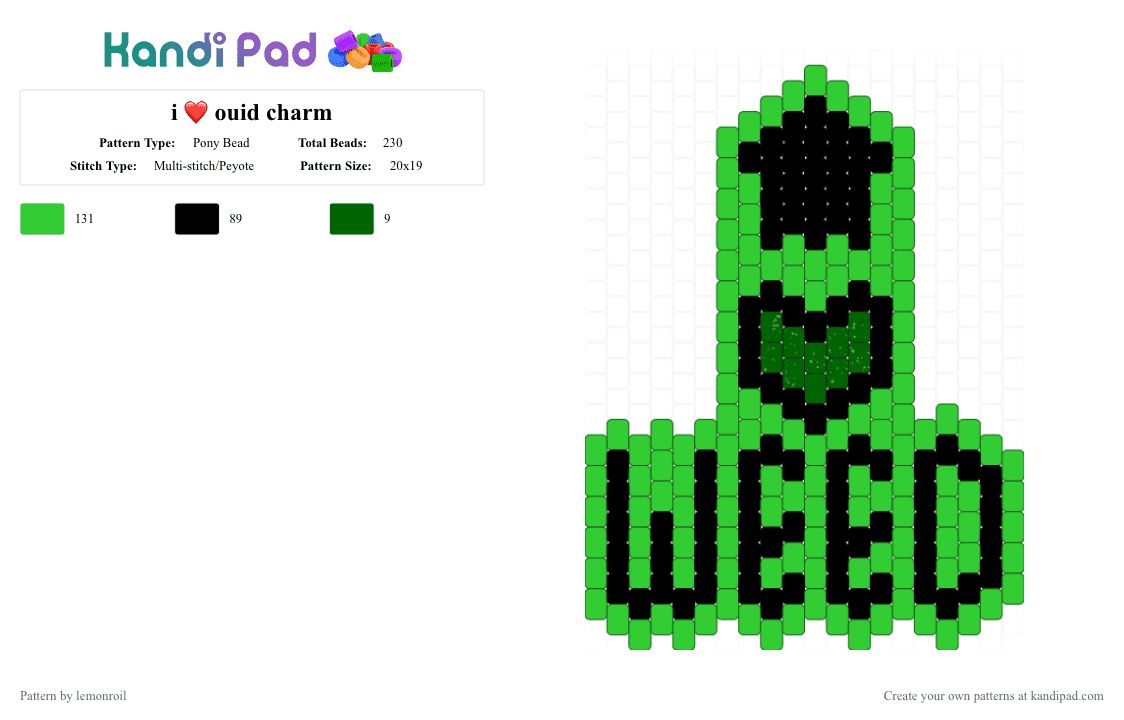 i ❤️ ouid charm - Pony Bead Pattern by lemonroil on Kandi Pad - black, charm, green, marijuana, phrase, pot, weed