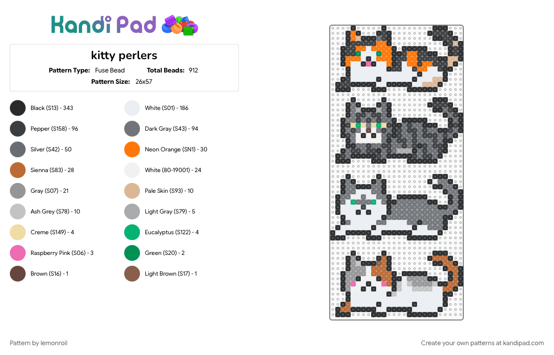 kitty perlers - Fuse Bead Pattern by lemonroil on Kandi Pad - animal, black, charm, cotdcats, cute, gray, kitty, white