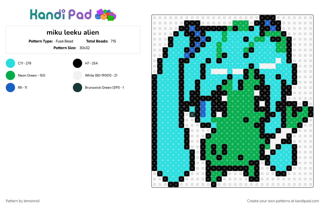 miku leeku alien - Fuse Bead Pattern by lemonroil on Kandi Pad - alien, character, gaming, green, hatsune miku, leek, light blue, miku, space, vocaloid