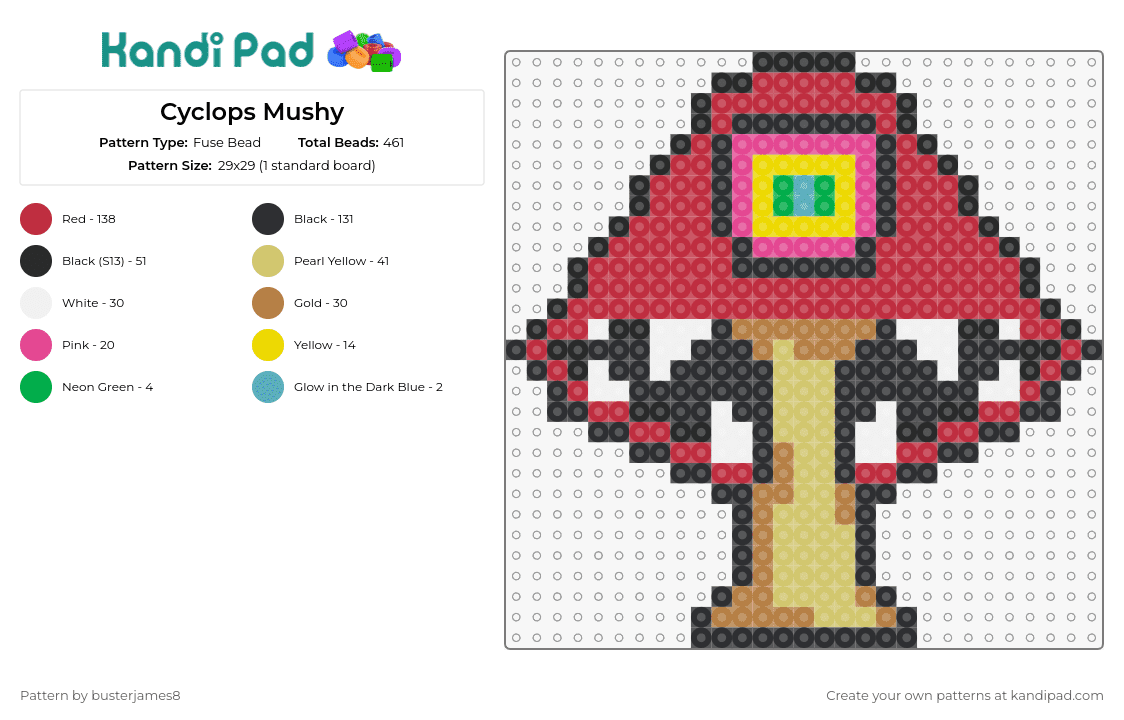 Cyclops Mushy - Fuse Bead Pattern by busterjames8 on Kandi Pad - cyclops,mushroom,whimsical,creative,fun,imaginative,character,fantasy,unique,red