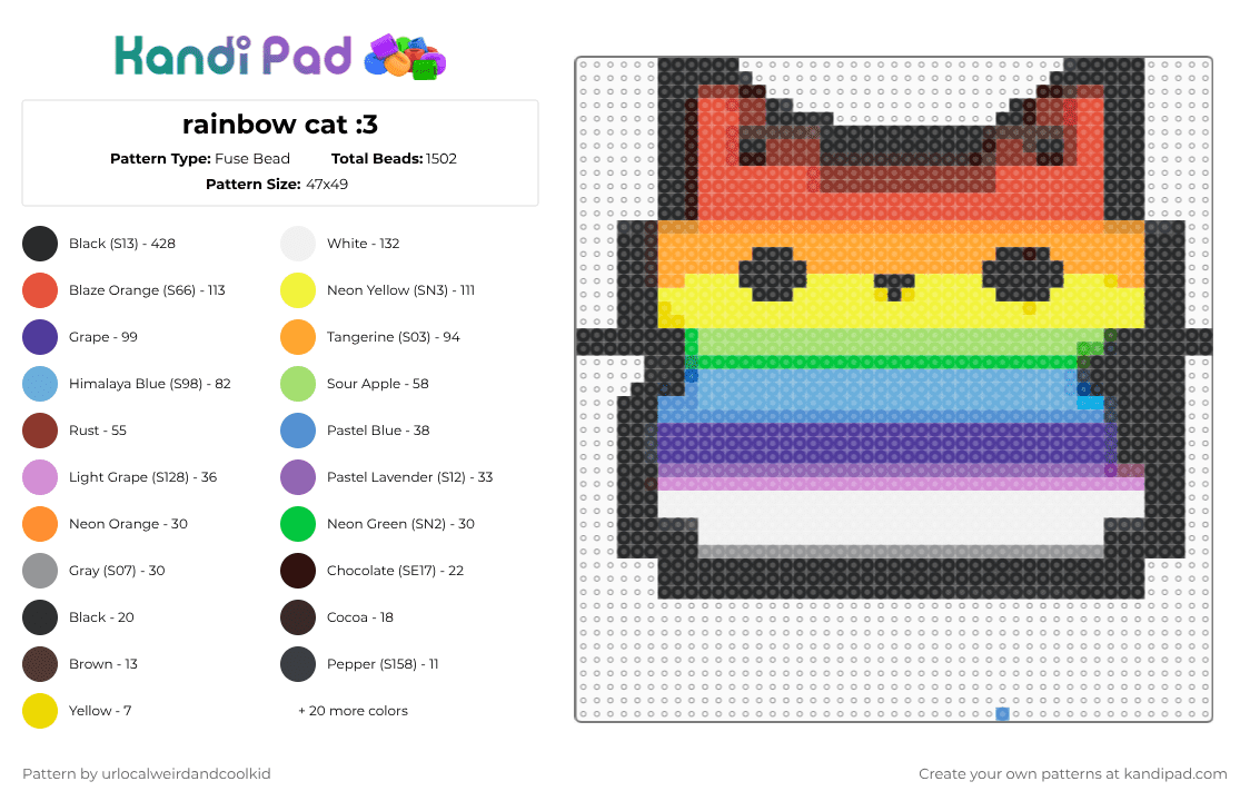 rainbow cat :3 - Fuse Bead Pattern by deadkittyboy on Kandi Pad - red,yellow,light blue,pink,colorful