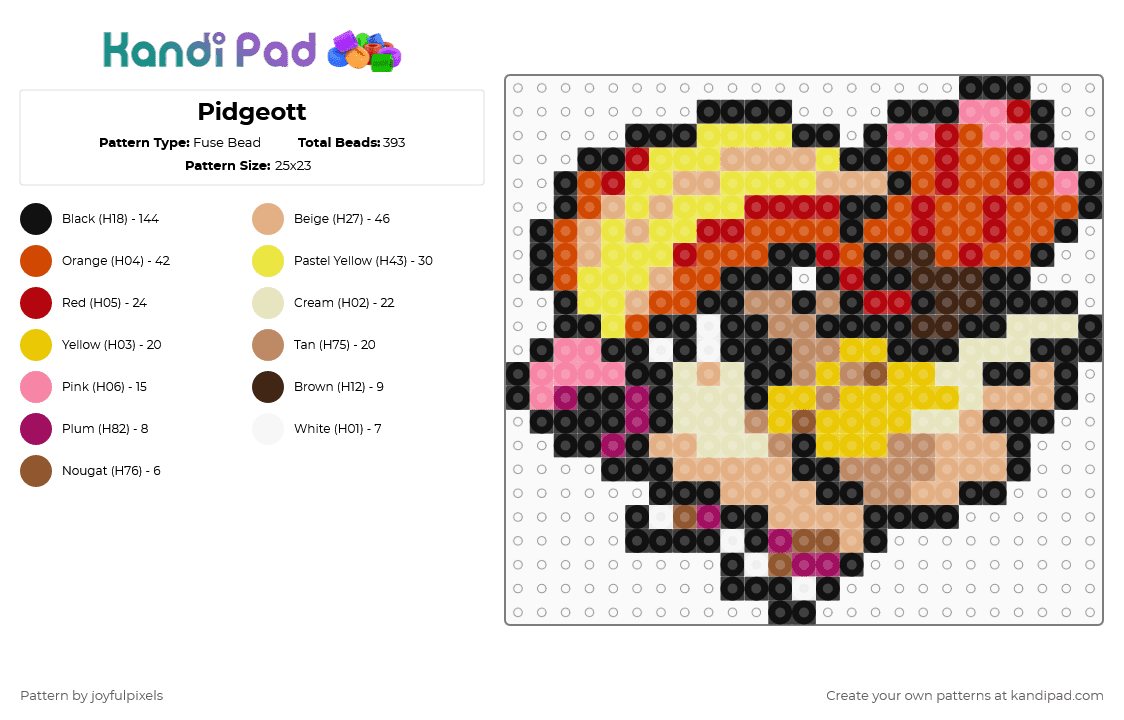 Pidgeott - Fuse Bead Pattern by joyfulpixels on Kandi Pad - yellow,red,beige