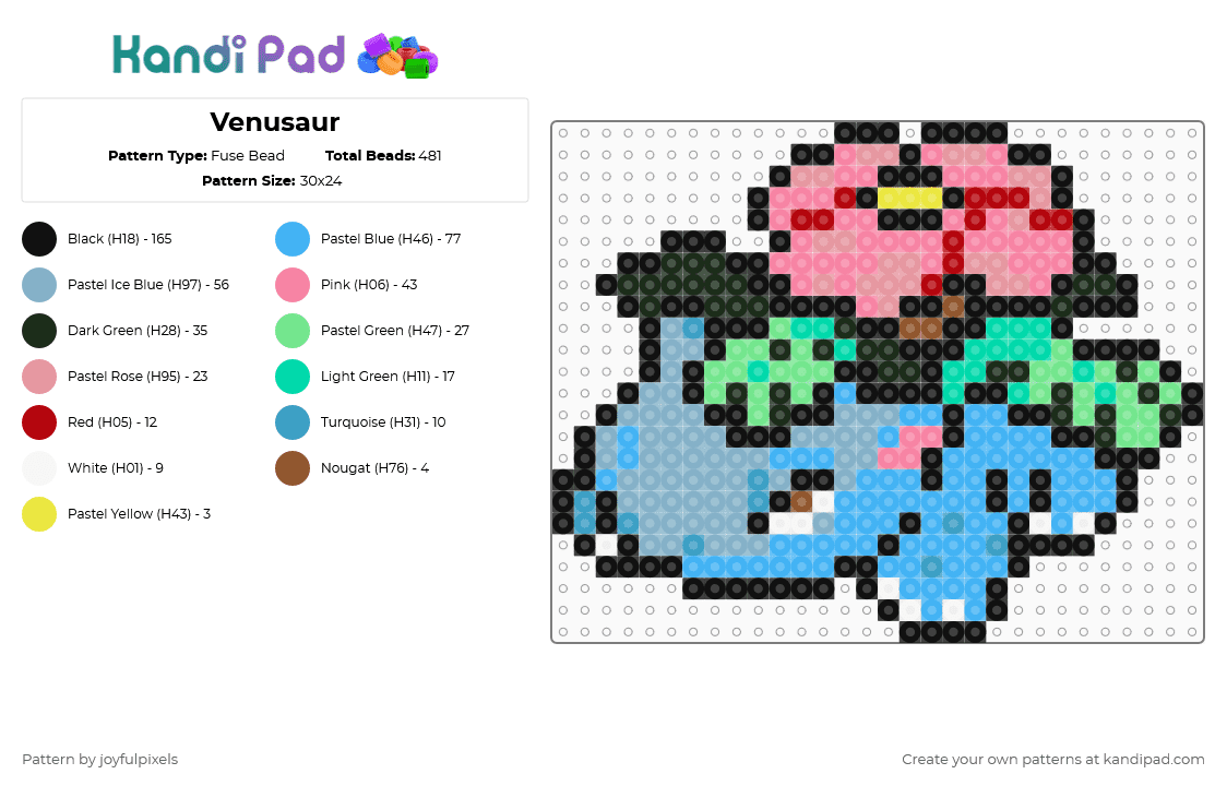 Venusaur - Fuse Bead Pattern by joyfulpixels on Kandi Pad - black,teal,pink,light blue