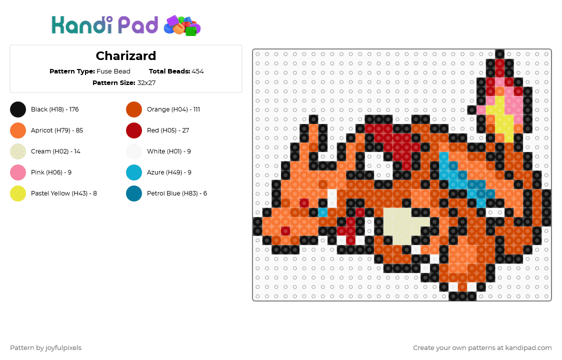 Charizard - Fuse Bead Pattern by joyfulpixels on Kandi Pad - red,orange