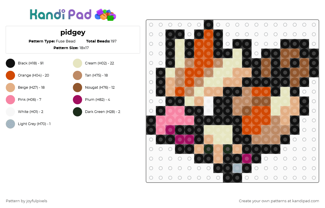 pidgey - Fuse Bead Pattern by joyfulpixels on Kandi Pad - black,beige,tan