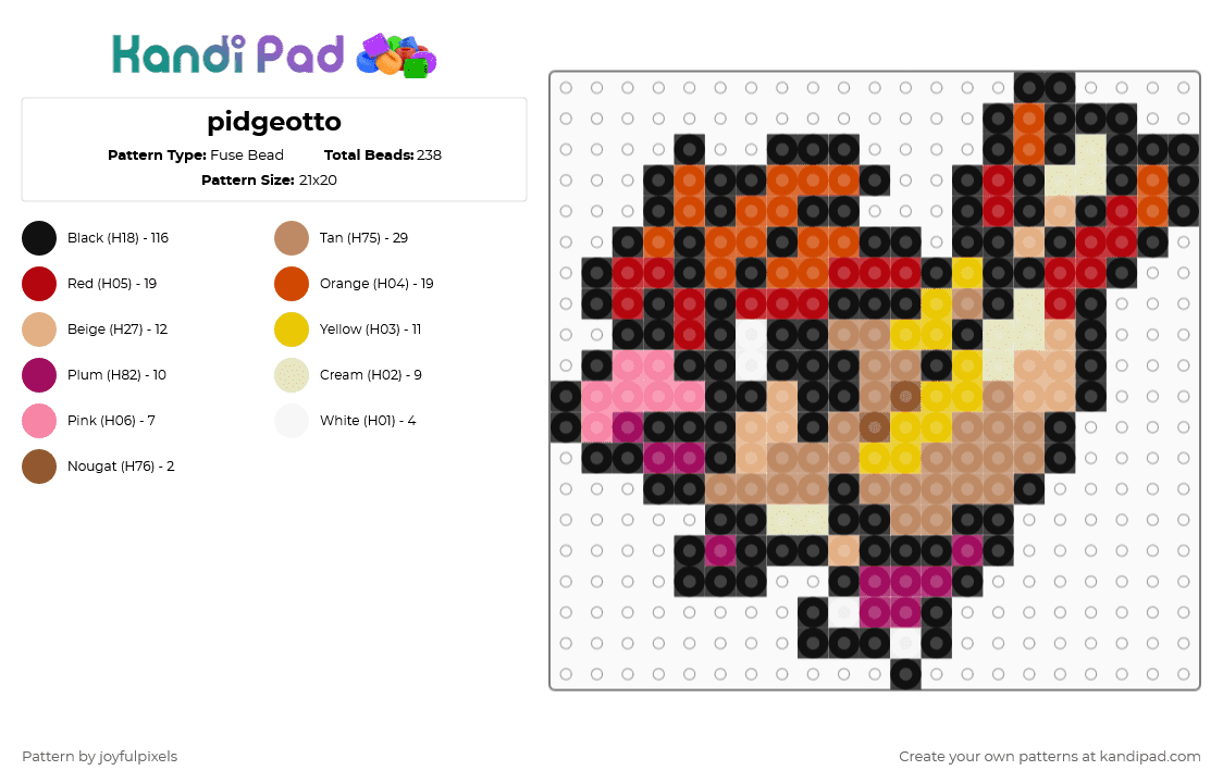 pidgeotto - Fuse Bead Pattern by joyfulpixels on Kandi Pad - black,red,tan