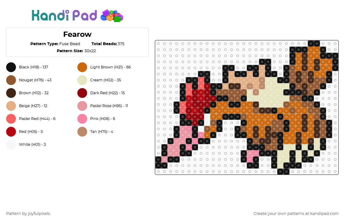 Fearow - Fuse Bead Pattern by joyfulpixels on Kandi Pad - fearow,pokemon,gaming,video game,beige,orange,tan