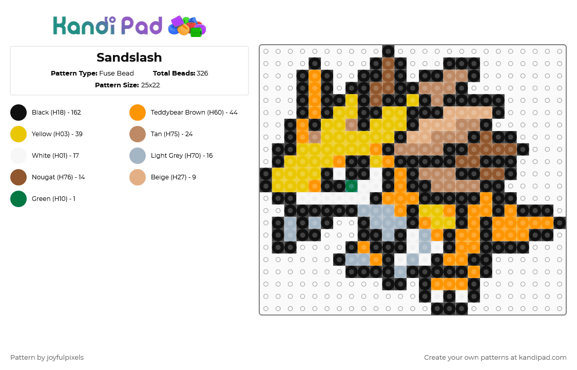 Sandslash - Fuse Bead Pattern by joyfulpixels on Kandi Pad - black,orange,tan,yellow