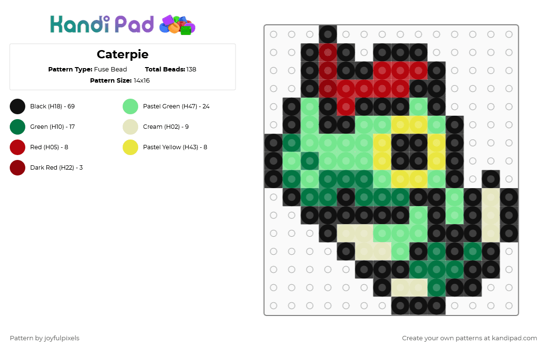 Caterpie - Fuse Bead Pattern by joyfulpixels on Kandi Pad - caterpie,pokemon,anime,bug,gaming,video game,black,green,teal