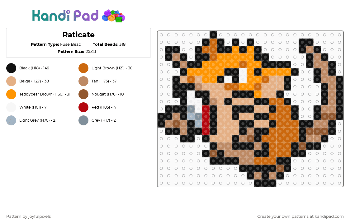 Raticate - Fuse Bead Pattern by joyfulpixels on Kandi Pad - raticate,pokemon,gaming,video game,black,orange,beige,tan