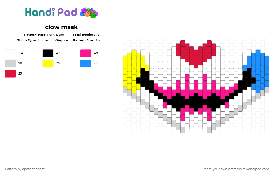 clow mask - Pony Bead Pattern by apatheticgoat on Kandi Pad - white,pink,mask,clown