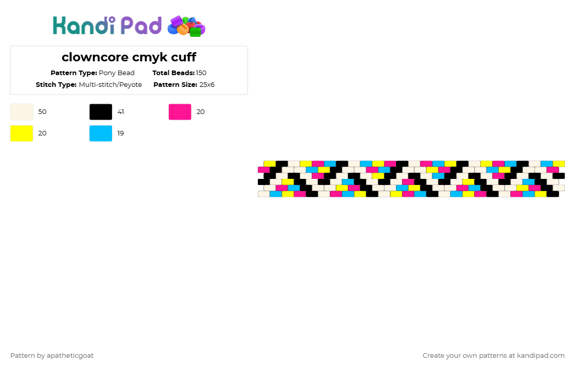 clowncore cmyk cuff - Pony Bead Pattern by apatheticgoat on Kandi Pad - zig zag,confetti,cuff,clowncore,fashion,pink,yellow,light blue