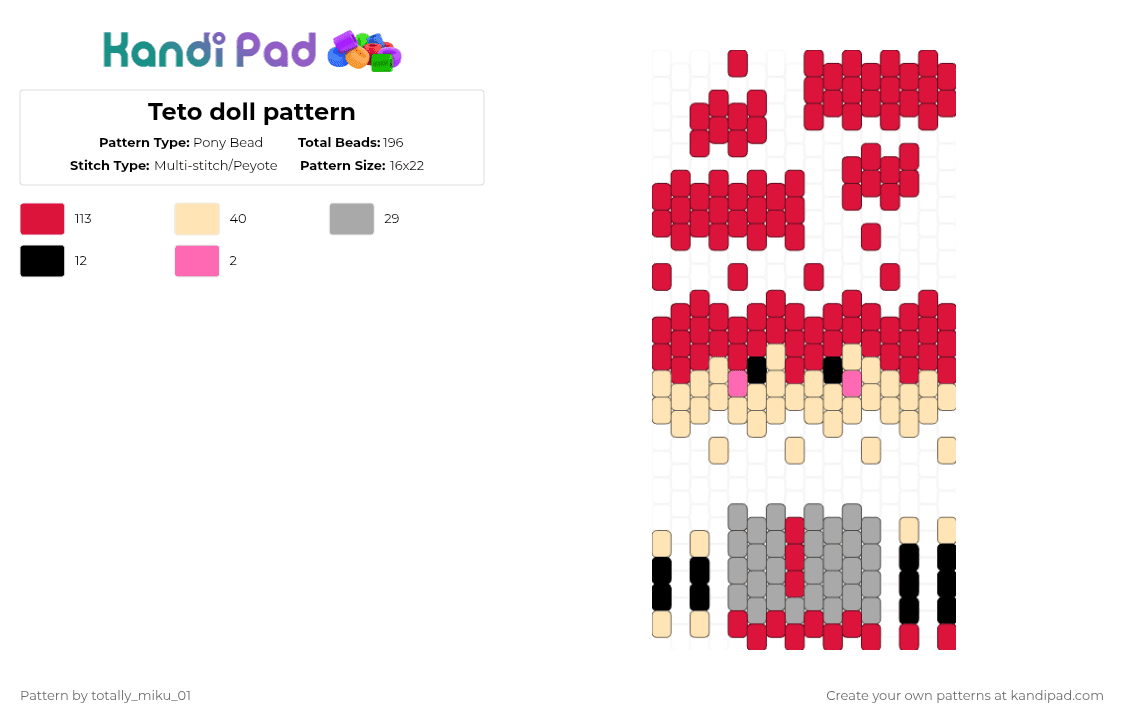 Teto doll pattern - Pony Bead Pattern by totally_miku_01 on Kandi Pad - beige,red,teto