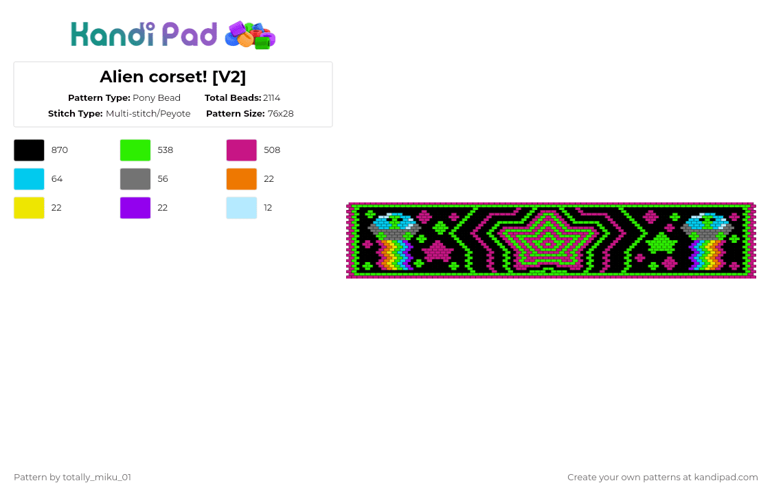 Alien corset! [V2] - Pony Bead Pattern by totally_miku_01 on Kandi Pad - green,pink,black,rainbow,alien,corset,ufo,silly