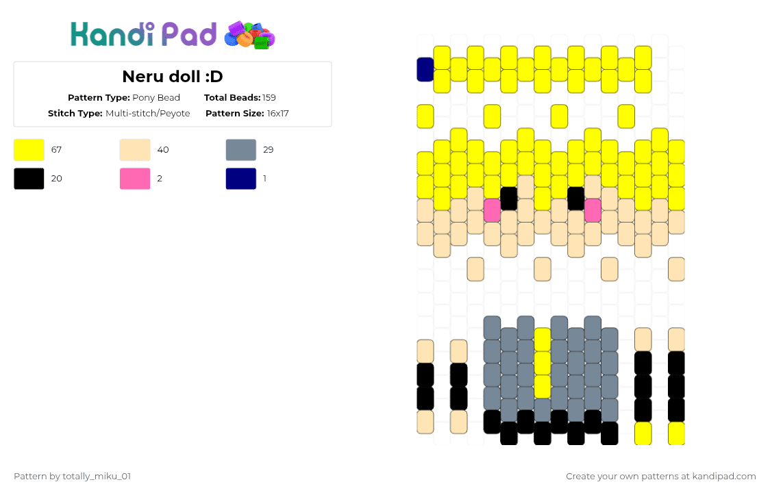 Neru doll :D - Pony Bead Pattern by totally_miku_01 on Kandi Pad - beige,yellow,gray,neru