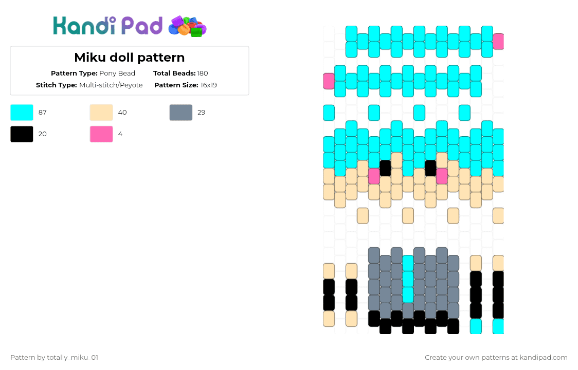 Miku doll pattern - Pony Bead Pattern by totally_miku_01 on Kandi Pad - beige,light blue,miku,vocaloid,blue