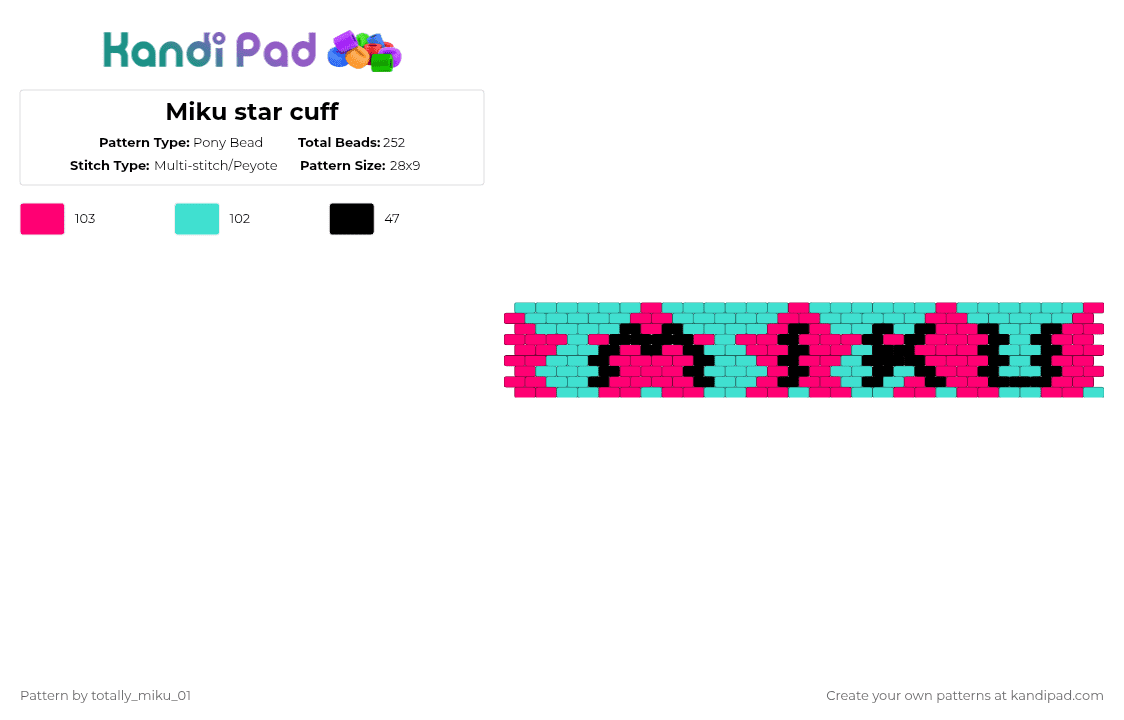 Miku star cuff - Pony Bead Pattern by totally_miku_01 on Kandi Pad - pink,light blue,miku,star,cyan,vocaloid,blue,cuff