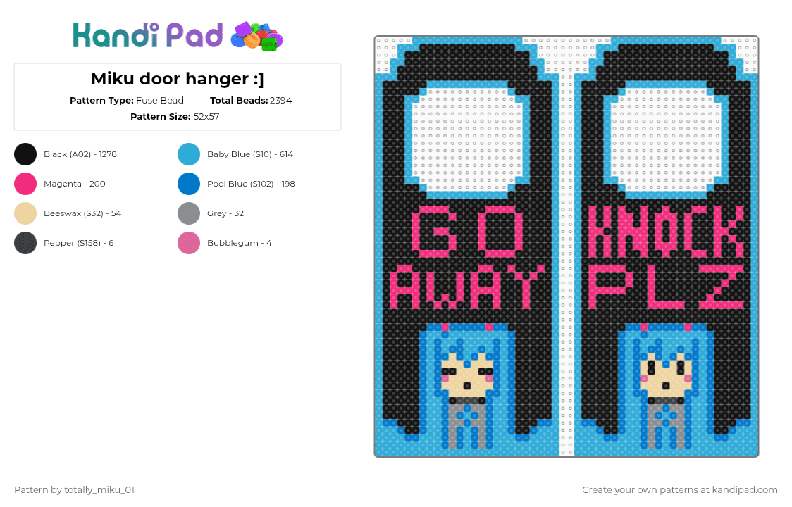Miku door hanger :] - Fuse Bead Pattern by totally_miku_01 on Kandi Pad - black,light blue,pink,miku,remix,doorhanger