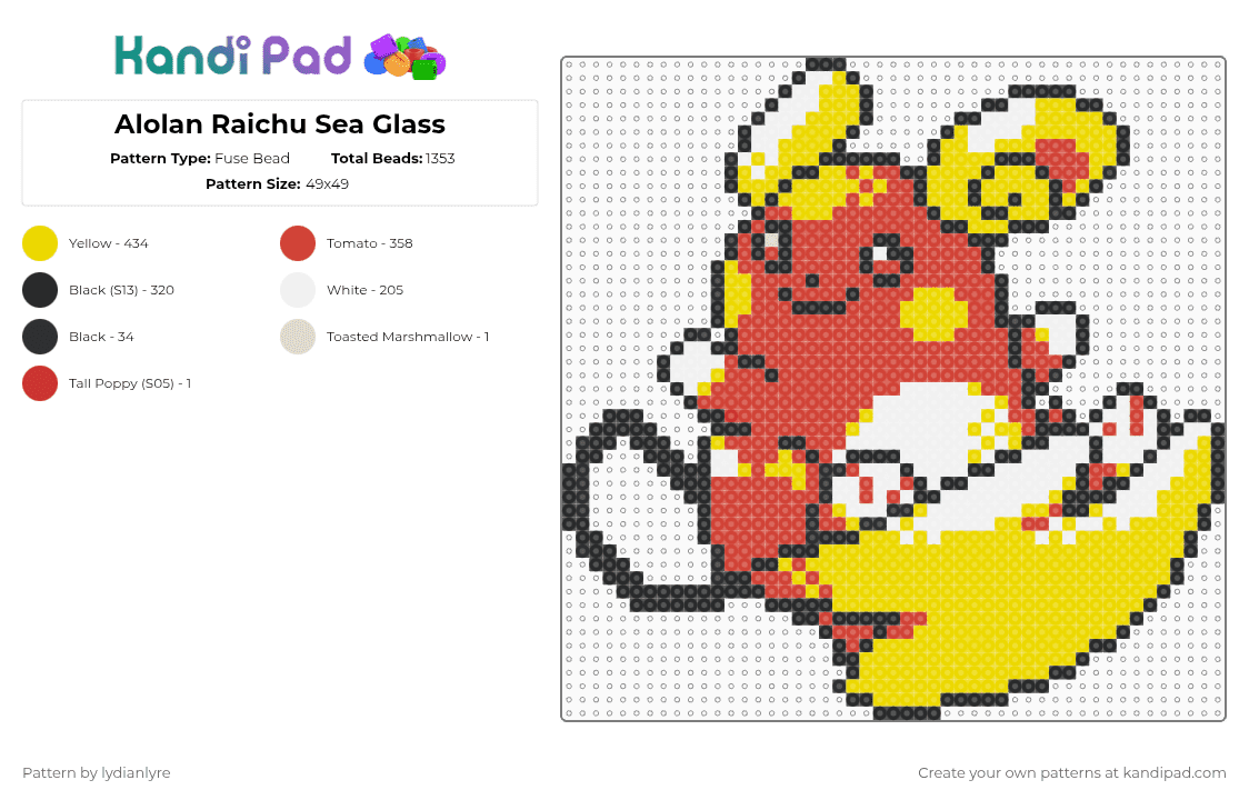 Alolan Raichu Sea Glass - Fuse Bead Pattern by lydianlyre on Kandi Pad - yellow,red,alolan raichu,raichu,pokemon,sea glass
