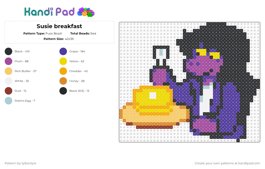 Susie breakfast - Fuse Bead Pattern by lydianlyre on Kandi Pad - black,purple,yellow,pink,deltarune