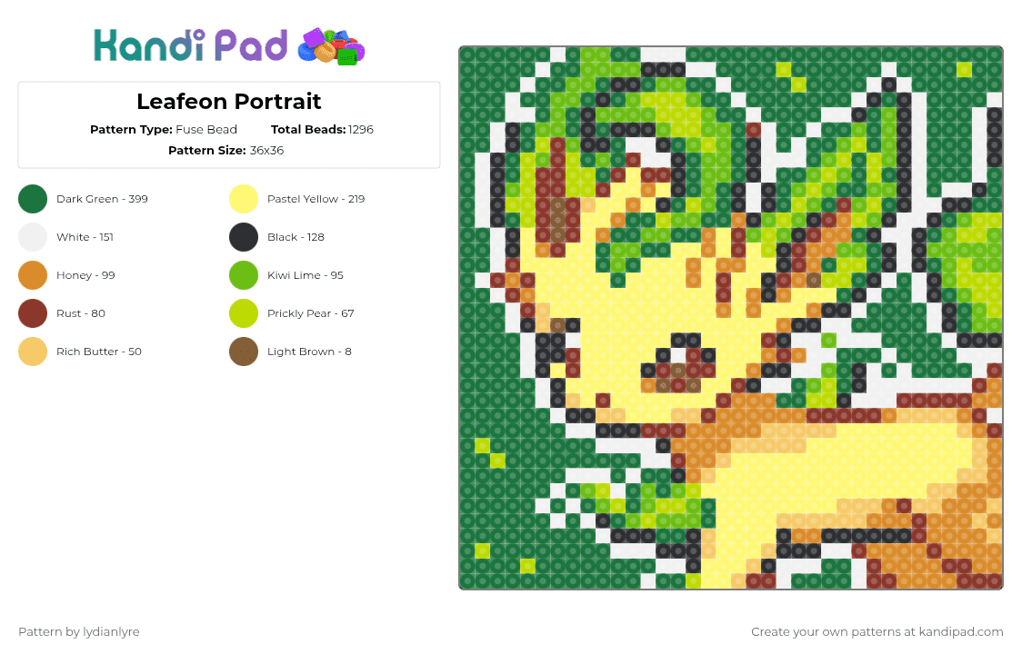 Leafeon Portrait - Fuse Bead Pattern by lydianlyre on Kandi Pad - green,yellow,leafeon,pokemon
