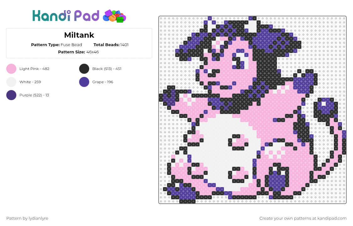 Miltank - Fuse Bead Pattern by lydianlyre on Kandi Pad - purple,pink,miltank,pokemon,johto