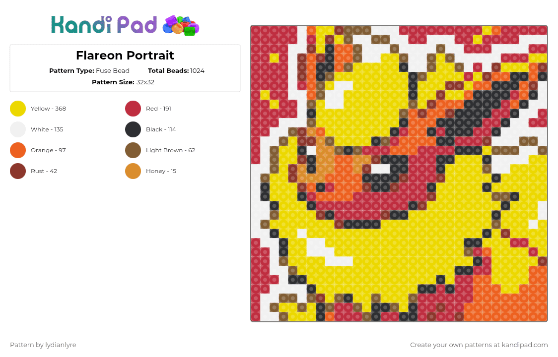 Flareon Portrait - Fuse Bead Pattern by lydianlyre on Kandi Pad - yellow,red,flareon,pokemon