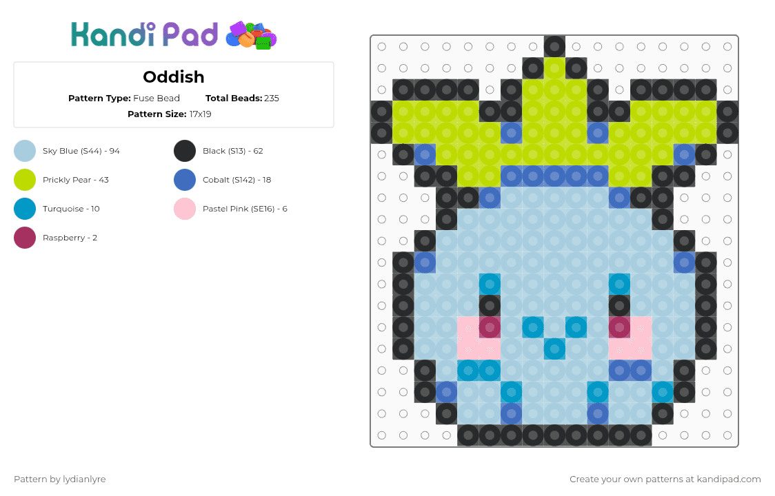 Oddish - Fuse Bead Pattern by lydianlyre on Kandi Pad - light blue,green,oddish,pokemon