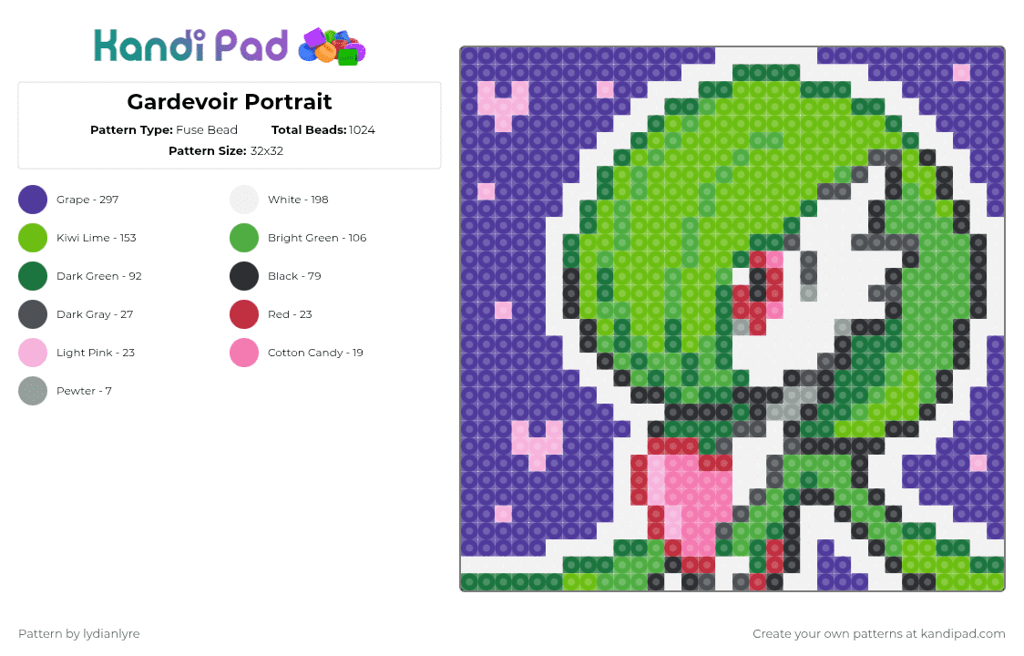 Gardevoir Portrait - Fuse Bead Pattern by lydianlyre on Kandi Pad - green,purple,gardevoir,pokemon