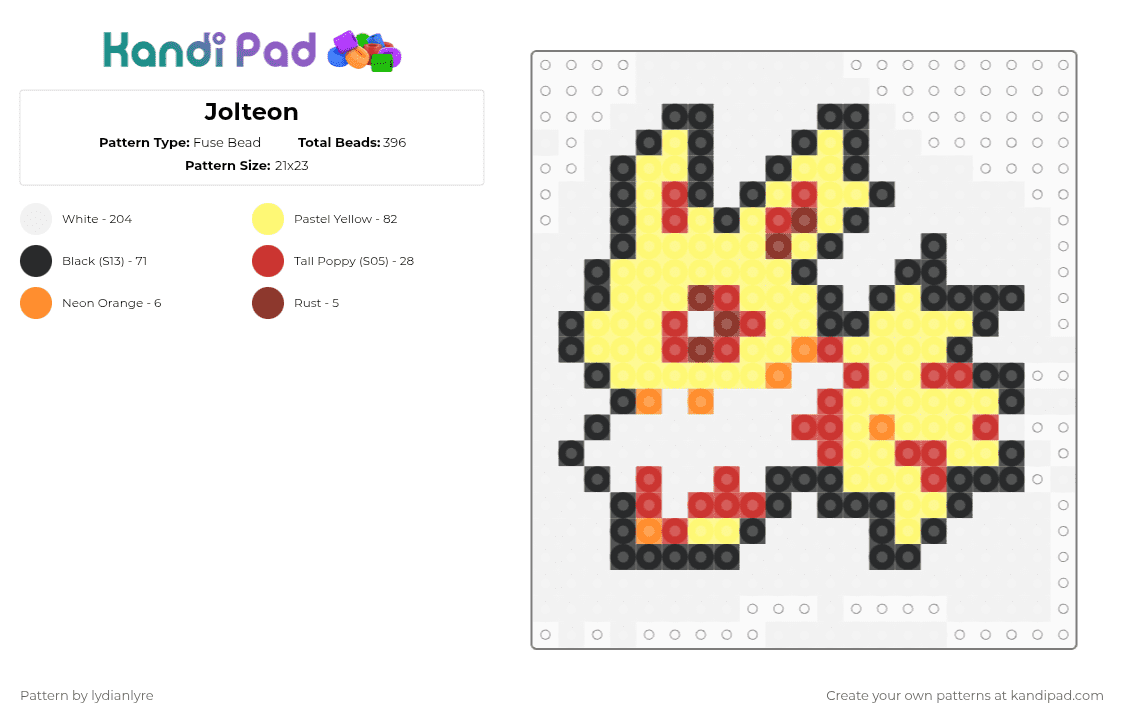 Jolteon - Fuse Bead Pattern by lydianlyre on Kandi Pad - white,yellow,jolteon,pokemon