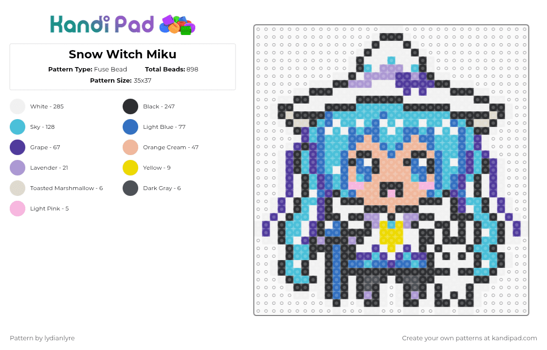 Snow Witch Miku - Fuse Bead Pattern by lydianlyre on Kandi Pad - white,blue,light blue,beige,colorful,hatsune miku,snow miku