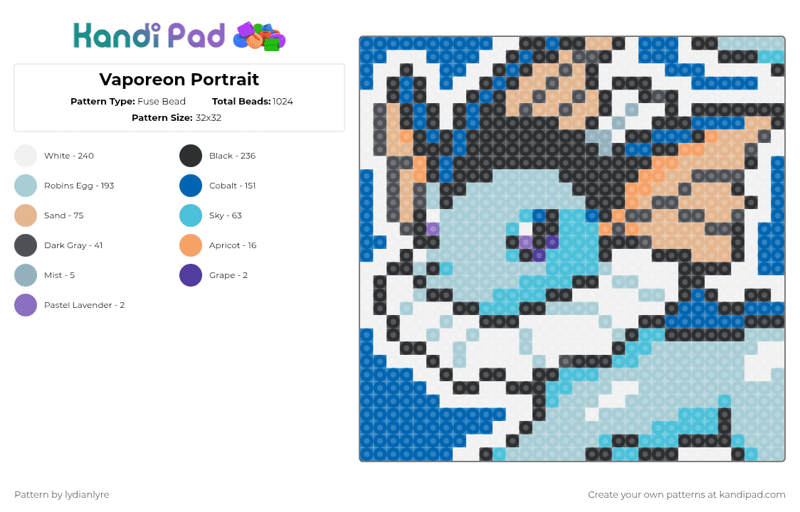 Vaporeon Portrait - Fuse Bead Pattern by lydianlyre on Kandi Pad - light blue,blue,pokemon,vaporeon