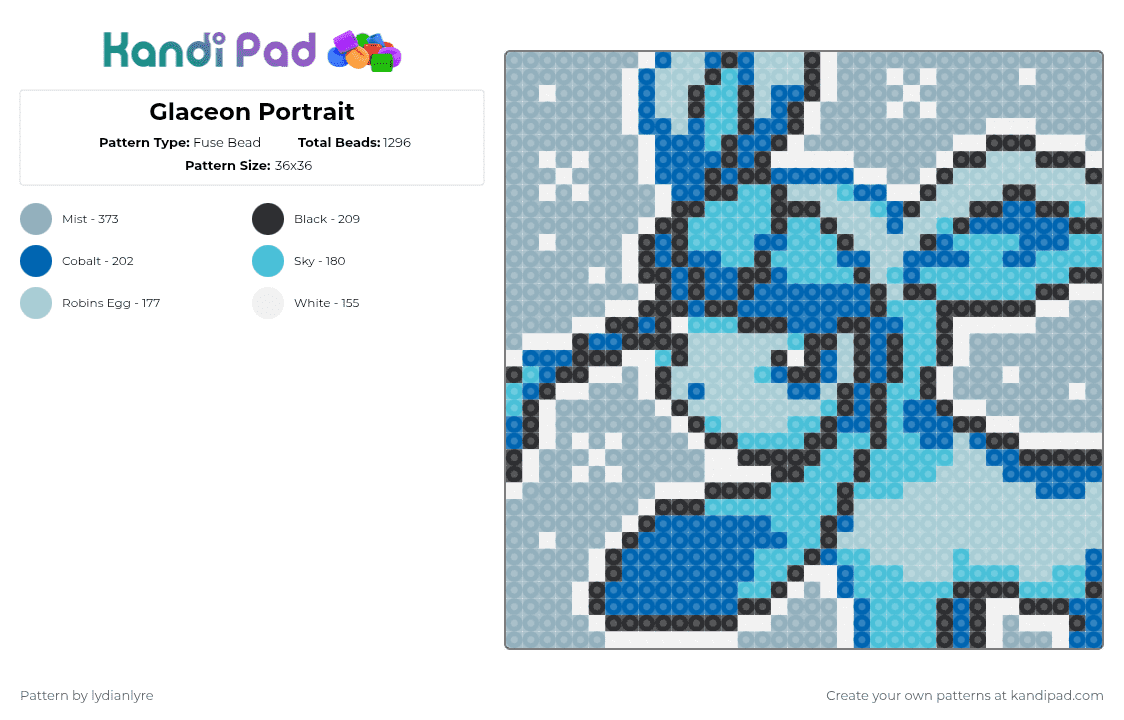 Glaceon Portrait - Fuse Bead Pattern by lydianlyre on Kandi Pad - light blue,glaceon,pokemon