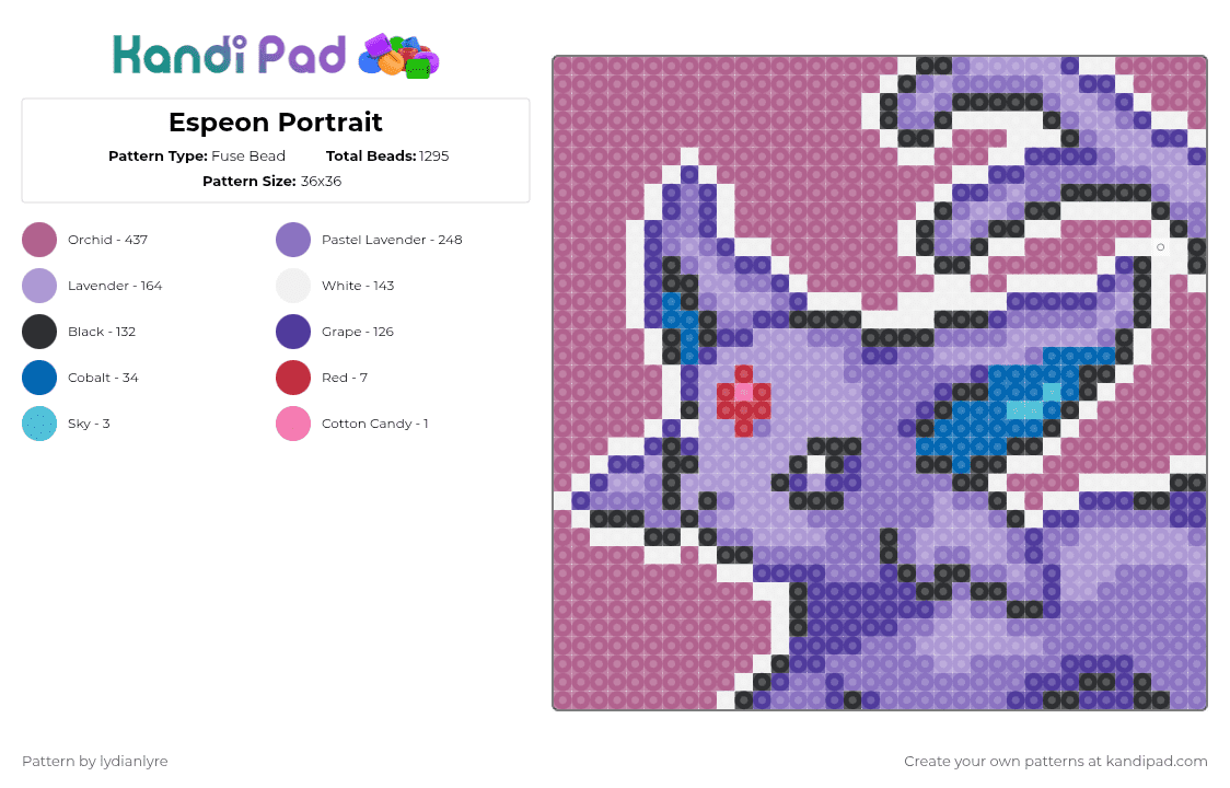 Espeon Portrait - Fuse Bead Pattern by lydianlyre on Kandi Pad - pink,blue,espeon,pokemon