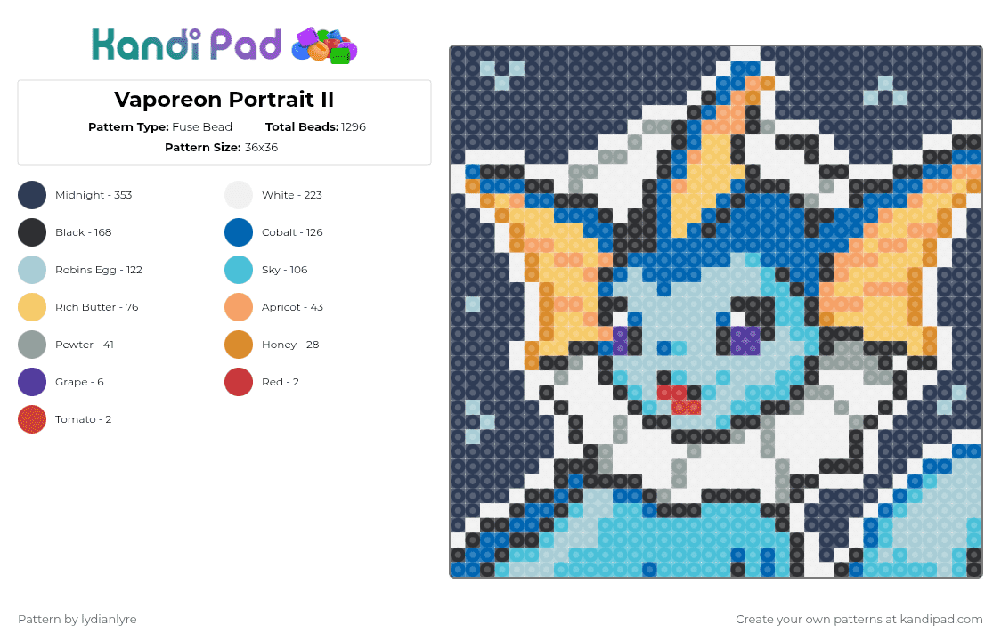 Vaporeon Portrait II - Fuse Bead Pattern by lydianlyre on Kandi Pad - blue,purple,light blue,pokemon,vaporeon