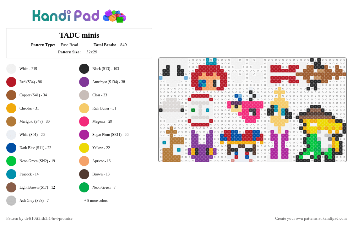 TADC minis - Fuse Bead Pattern by th4t10tt3rth3r14n-i-promise on Kandi Pad - white,tan,pink,orange,yellow,colorful,tadc,circus,mini