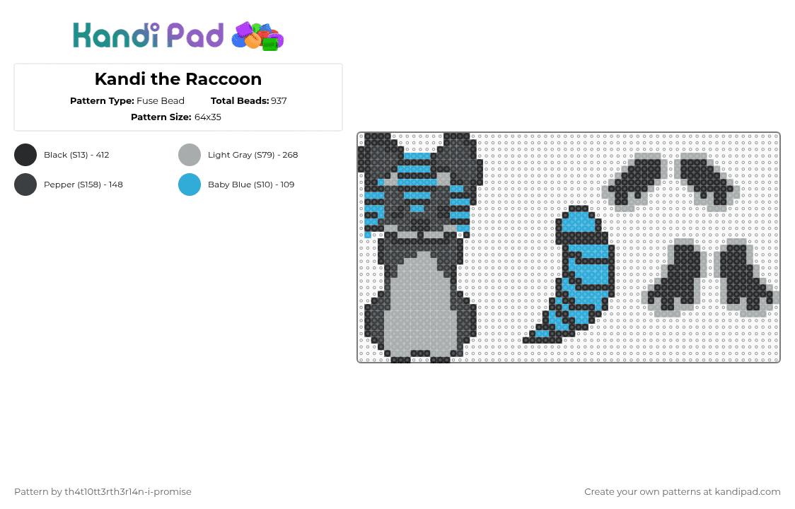 Kandi the Raccoon - Fuse Bead Pattern by th4t10tt3rth3r14n-i-promise on Kandi Pad - light blue,gray,cotdraccoons