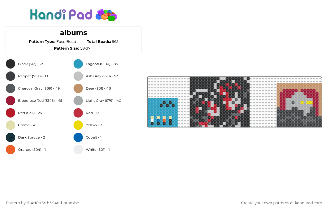 albums - Fuse Bead Pattern by th4t10tt3rth3r14n-i-promise on Kandi Pad - black,gray,red,light blue,tan,colorful
