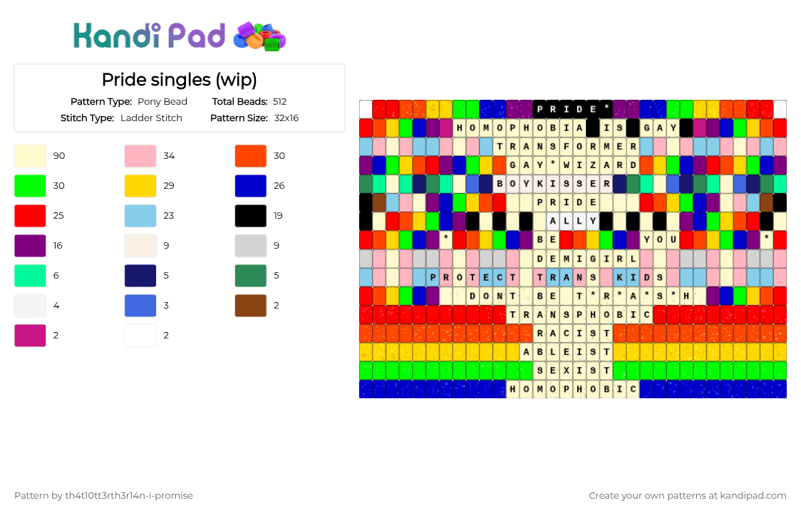 Pride singles - Pony Bead Pattern by th4t10tt3rth3r14n-i-promise on Kandi Pad - yellow,red,pink,pride2026,colorful,trans,gay