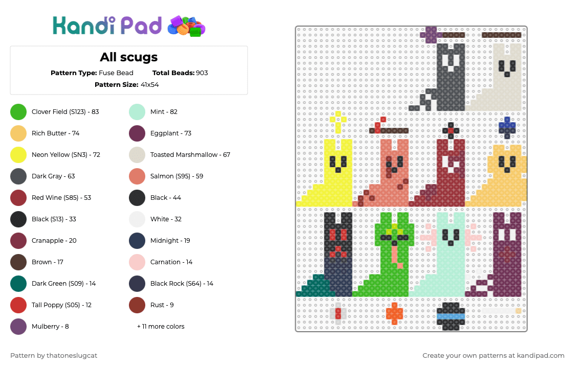 All scugs - Fuse Bead Pattern by thatoneslugcat on Kandi Pad - orange,beige,gray,yellow,colorful,slug,cat,slugcat,rwin,world,rainworld