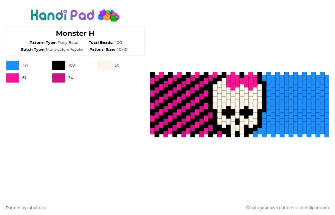 Monster H - Pony Bead Pattern by rabbitrara on Kandi Pad - monster high,skullette,cuff,pink,light blue