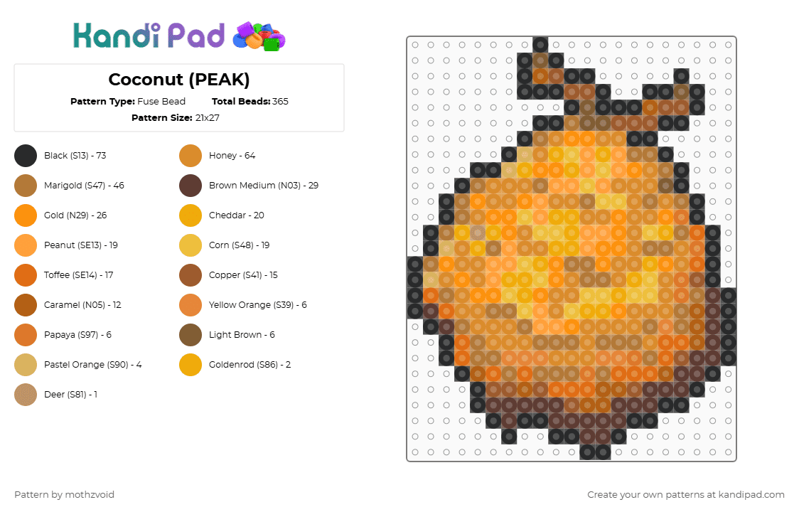 Coconut (PEAK) - Fuse Bead Pattern by mothzvoid on Kandi Pad - orange,tan