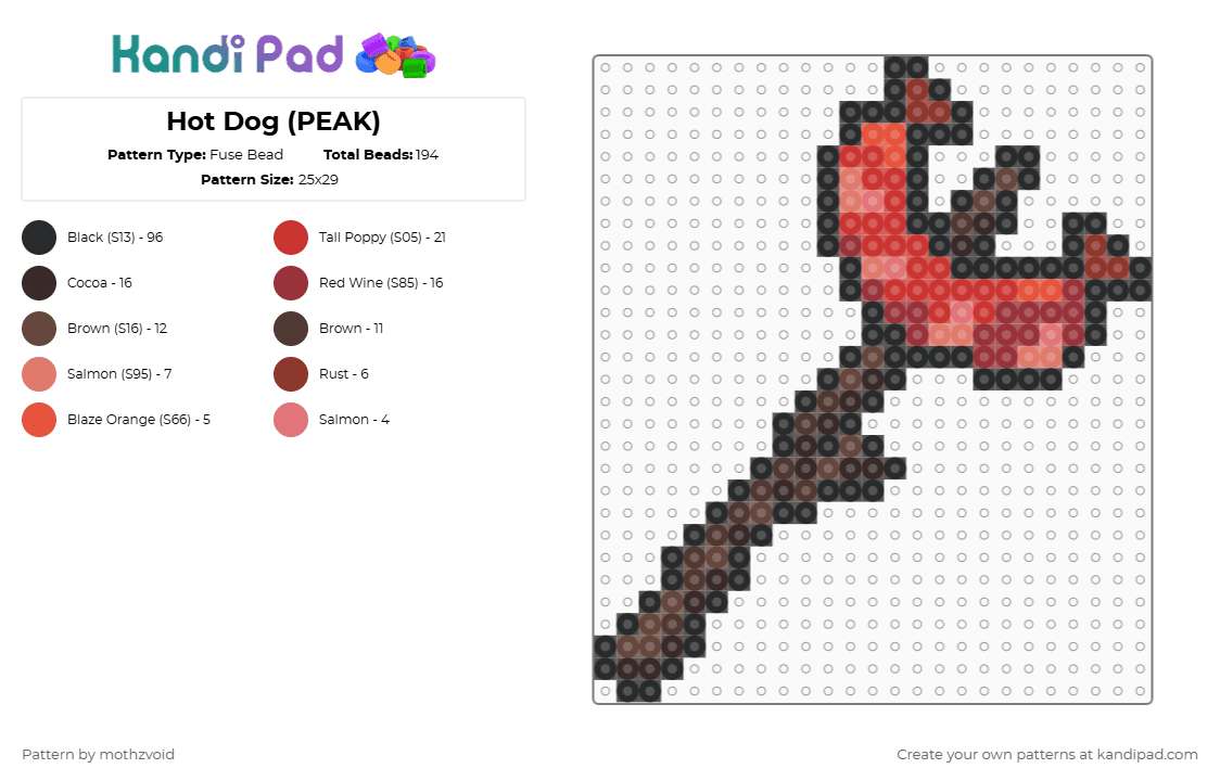 Hot Dog (PEAK) - Fuse Bead Pattern by mothzvoid on Kandi Pad - brown,red,peak