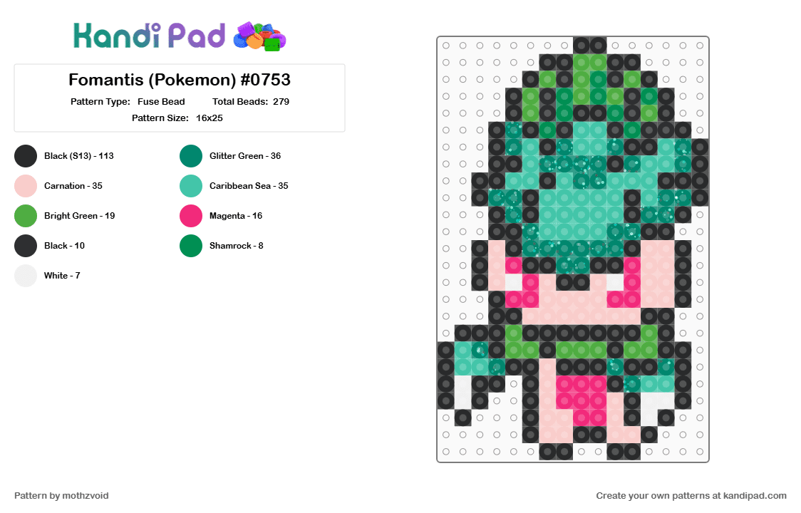 Fomantis (Pokemon) #0753 - Fuse Bead Pattern by mothzvoid on Kandi Pad - teal