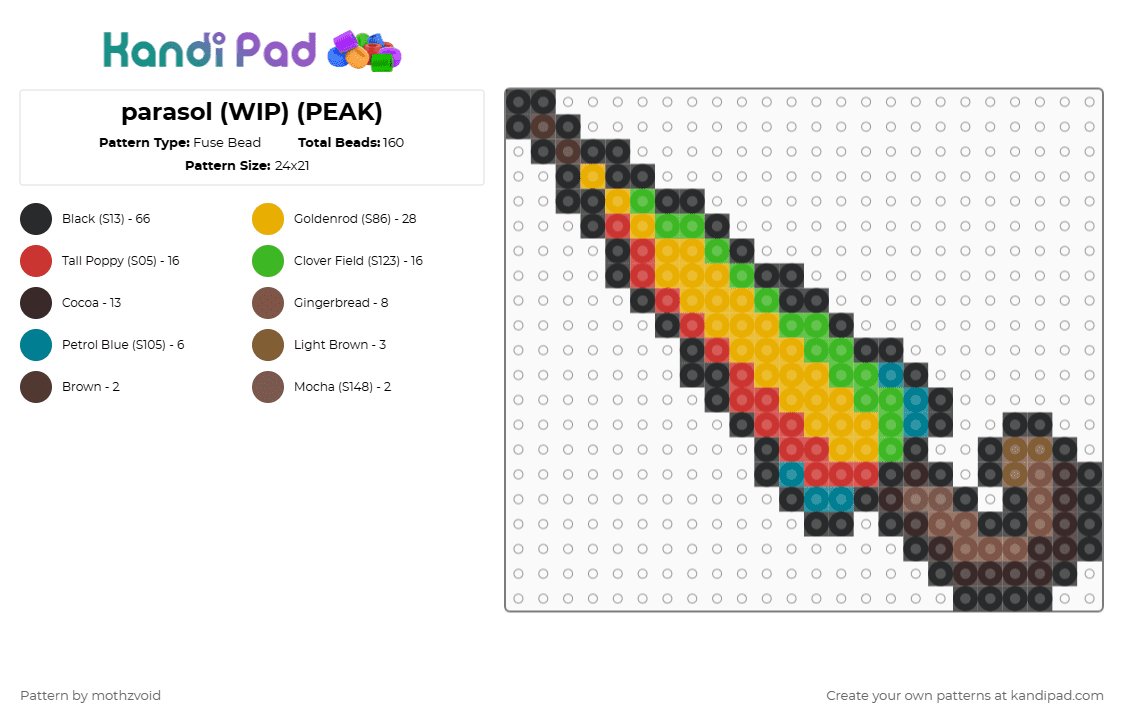 parasol (WIP) (PEAK) - Fuse Bead Pattern by mothzvoid on Kandi Pad - orange,red,green,brown