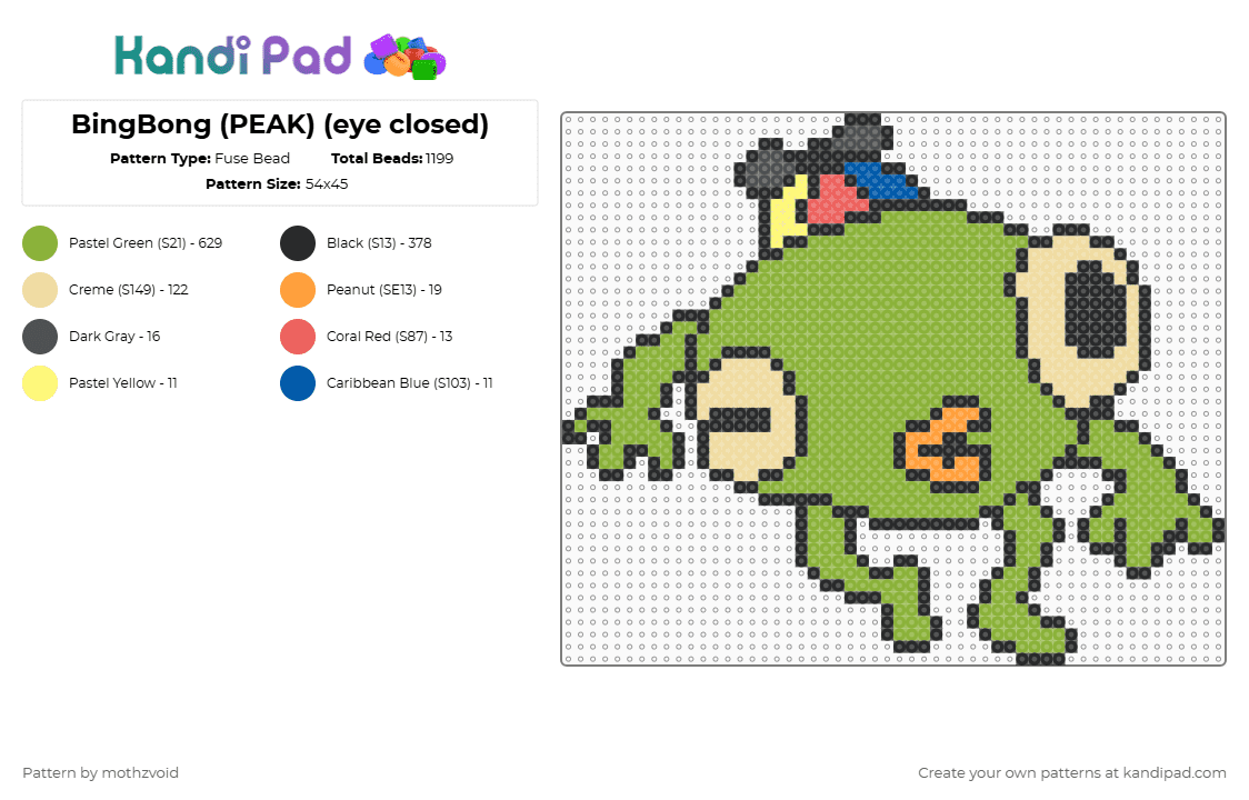 BingBong (PEAK) (eye closed) - Fuse Bead Pattern by mothzvoid on Kandi Pad - green,beige