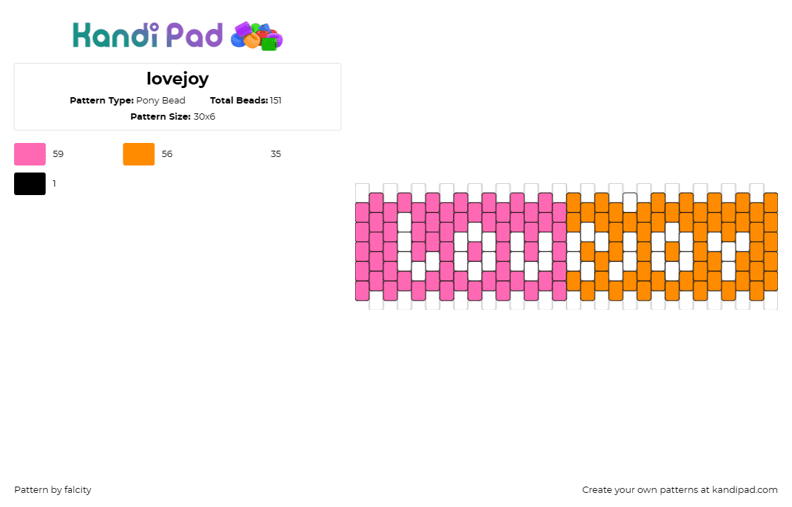 lovejoy - Pony Bead Pattern by falcity on Kandi Pad - lovejoy,text,cuff,message,vibrant,personalized,pink,orange